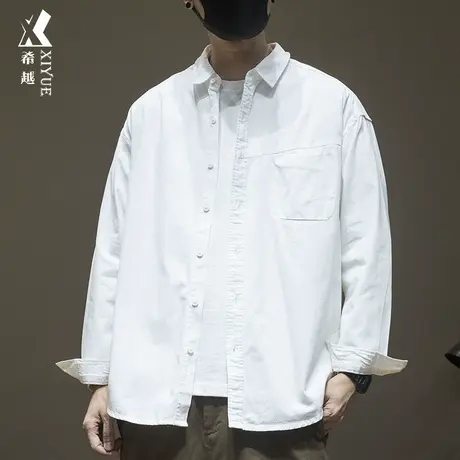 希越纯色拼接时尚衬衫男秋季宽松大码ins纽扣休闲百搭翻领外套潮商品大图