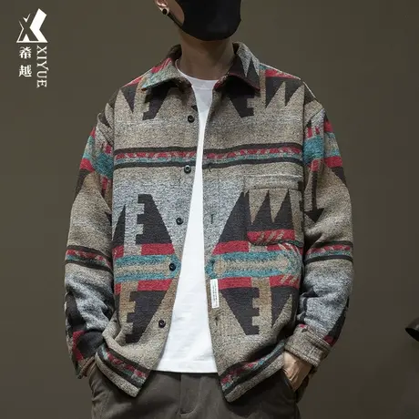 国潮几何图案毛呢大衣男500g重磅羊毛外套秋季宽松大码加厚衬衫潮图片