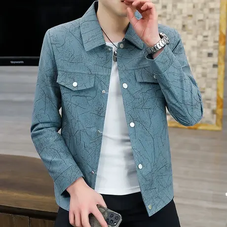 夹克外套男春秋韩版美式复古休闲工装夹克衫花纹潮流翻领夹克男装图片