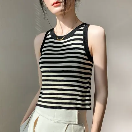 条纹针织吊带背心女2023春夏新款短款修身内搭坎肩外穿打底上衣女商品大图