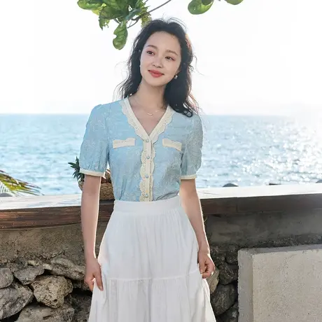茵曼法式文艺衬衣2023夏季女装新款花边V领肌理感泡泡袖绣花衬衫图片