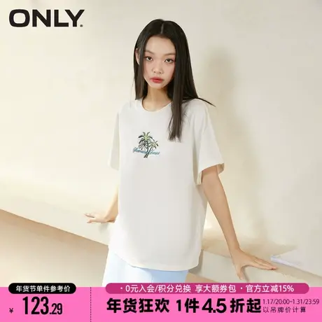 ONLY2023冬季新款时尚百搭螺纹圆领宽松刺绣短袖T恤女|123101055商品大图