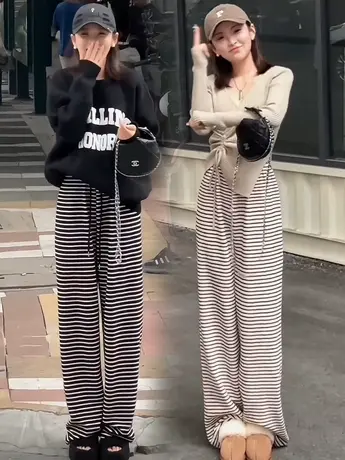 慵懒风加厚毛巾料条纹高腰阔腿休闲裤女秋冬新款遮肉拖地裤子长裤商品大图