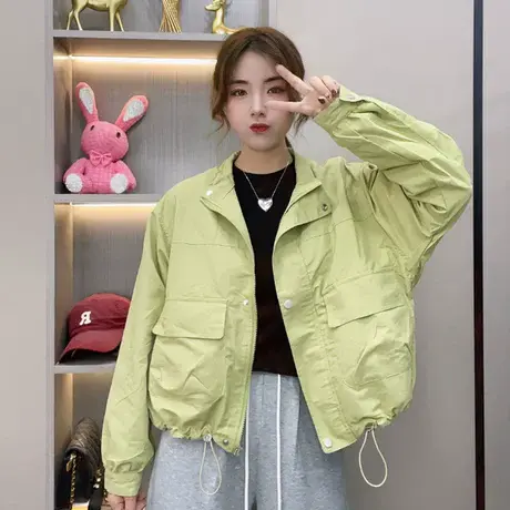 立领糖果色工装外套女春装新款2023欧货短款小个子冲锋衣爆款上衣图片