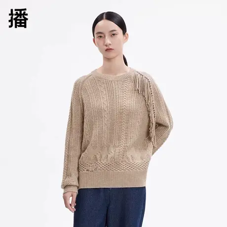 播针织衫女2023冬季新款100%羊毛流苏文艺通勤圆领毛衣BDP4SD1657商品大图