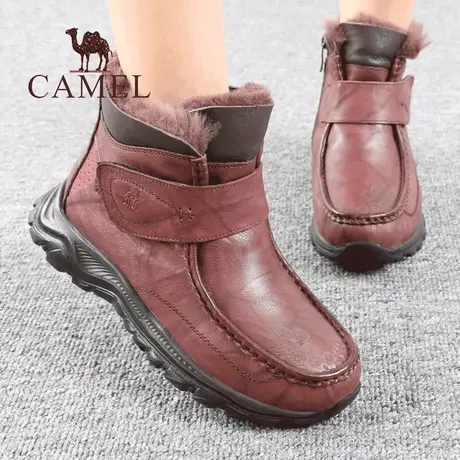 Camel/骆驼女鞋冬季款加绒保暖侧拉链真牛皮魔术贴妈妈休闲短靴子图片