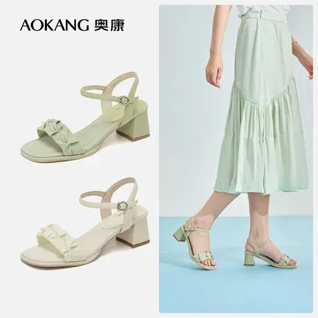 【薄荷曼波】奥康女鞋新款甜美时尚舒适粗跟通勤时装凉鞋图片