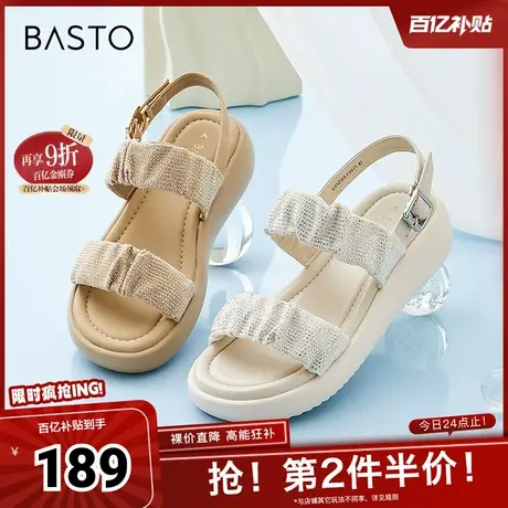 百思图春夏季新款商场同款时髦闪钻休闲凉鞋厚底女凉鞋UDZ03BL4图片