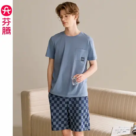 芬腾男睡衣纯棉夏季薄款短袖短裤套装青年宽松夏天凉感大码家居服商品大图