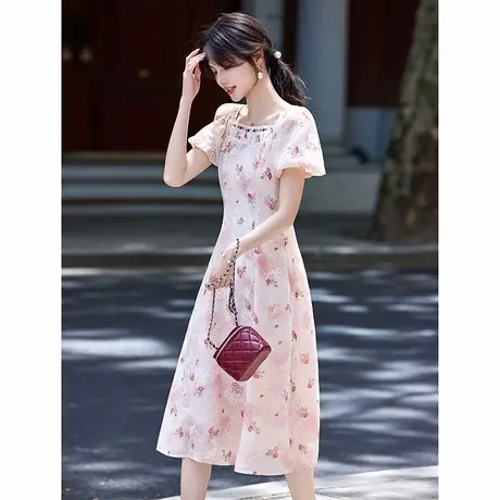 时尚气质温柔淑女短袖连衣裙女士2025年夏季新款显瘦粉色知性长裙图片