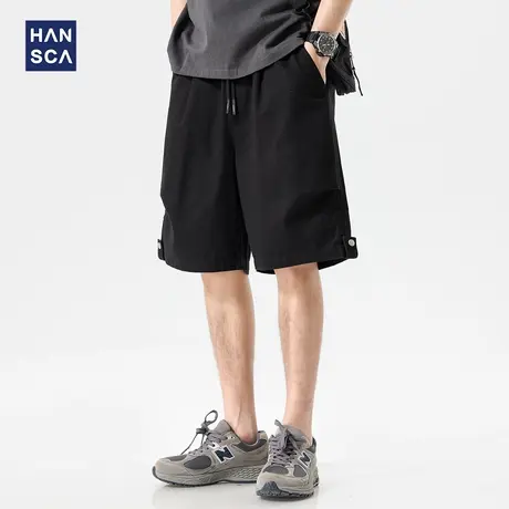 hansca300g纯棉休闲短裤男款2025夏季薄款透气黑色宽松压褶五分裤商品大图