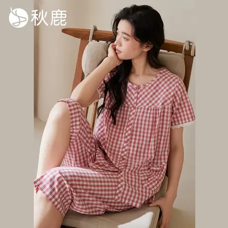 秋鹿梭织纯棉睡衣女夏季薄款柔软透气蕾丝花边格子短袖家居服套装商品大图