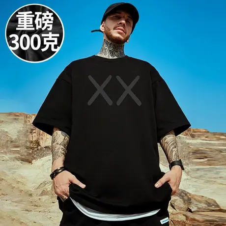 300g重磅美式潮牌宽松胖子T恤短袖五分袖纯棉情侣加肥加大码男装商品大图