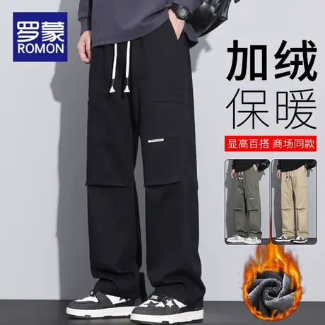罗蒙加绒纯棉休闲裤男士秋冬季宽松直筒加厚款工装阔腿休闲长裤子商品大图