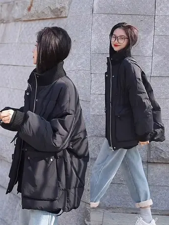 2023冬季新款韩版针织领抽绳羽绒棉服女设计感宽松面包服棉衣外套图片