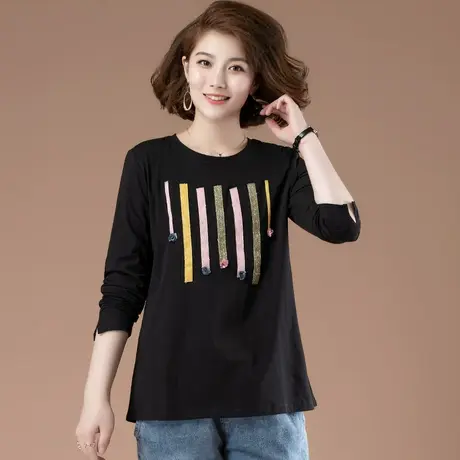 中年妈妈春秋新款纯棉长袖t恤加肥加大码女装宽松遮肚上衣打底衫商品大图