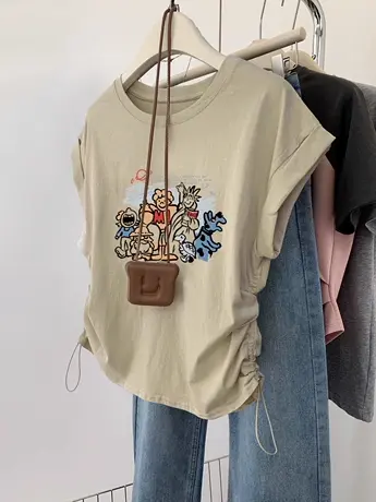 小飞袖t恤女2023夏季新款打底衫短款抽绳上衣ins潮牌宽松显瘦短袖图片