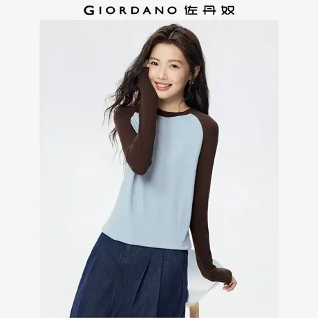 佐丹奴长袖T恤女弹力坑条复古美式撞色插肩圆领针织上衣05325821商品大图