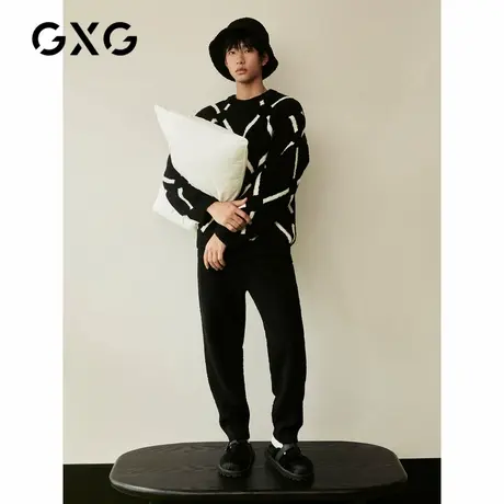GXG男士家居套装 黑色几何花纹半边绒套头加厚家居家服可外穿商品大图