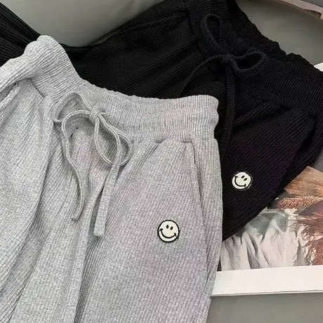 阔腿运动裤女春夏装新款高腰显瘦宽松百搭笑脸垂感休闲裤子潮ins商品大图