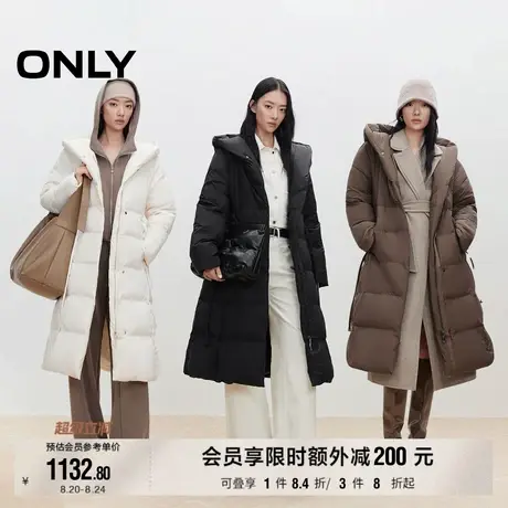 ONLY2025冬季新款腰部显瘦系带90白鸭绒纯色连帽宽松长款羽绒服女商品大图