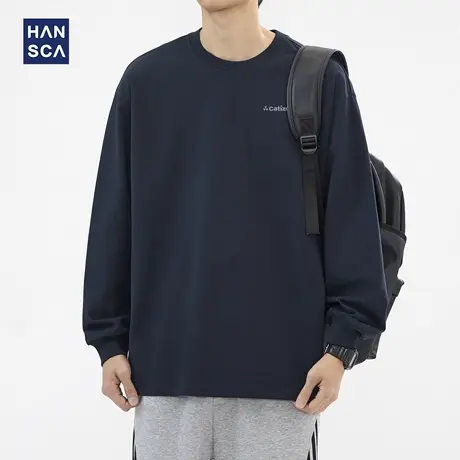 hansca 305g秋季圆领纯棉长袖t恤男美式复古宽松印花藏青色打底衫图片