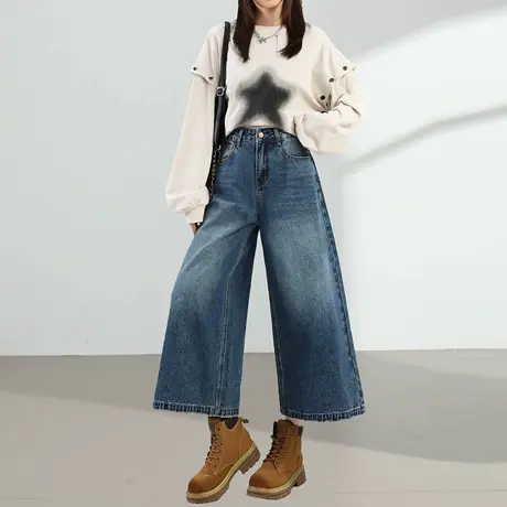 阔腿牛仔裤女2025年秋季新款宽松显瘦高腰宽松小个子八分直筒裤子图片