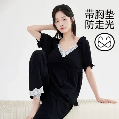 顶瓜瓜睡衣女款夏季纯棉带胸垫黑色薄款短袖可外穿家居服套装商品大图