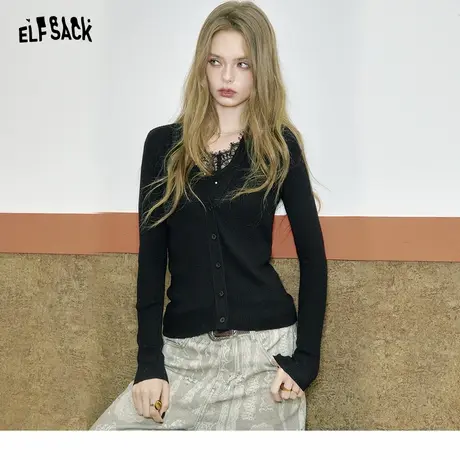 妖精的口袋黑色蕾丝拼接针织衫女2025年新款早秋穿搭修身薄款上衣图片