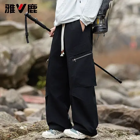 雅鹿2026春秋季新款男女同款松紧腰抽绳户外休闲长裤宽松显瘦长裤商品大图