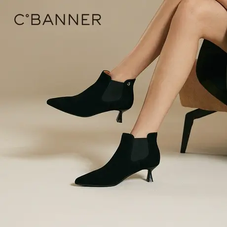 千百度复古尖头中跟时装靴女冬季新款气质细高跟通勤踝靴图片