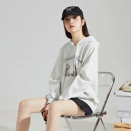 唐狮春秋新款连帽卫衣女针织小熊卡通烫钻落肩卫衣宽松百搭潮TD图片