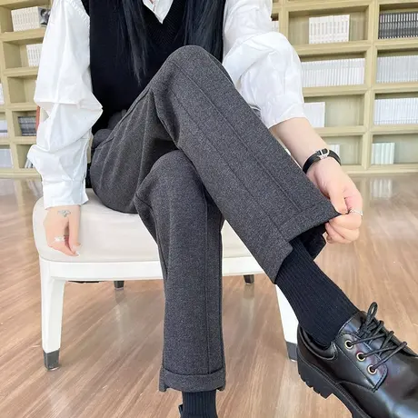 灰色毛呢哈伦裤女冬季新款高腰宽松显瘦九分加厚休闲萝卜烟管裤子商品大图