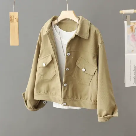 纯色灯芯绒短款外套女小个子2023早秋季新款宽松休闲外搭夹克上衣图片