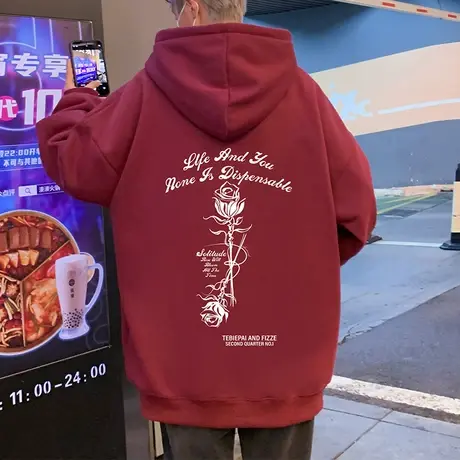 纯棉宽松连帽卫衣男秋冬季ins潮牌玫瑰花情侣酒红色外套休闲帽衫商品大图