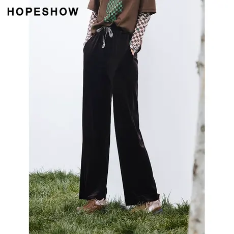 红袖outlets纯色高腰丝绒阔腿裤hopeshow2023秋款垂感直筒休闲裤商品大图