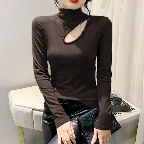 加绒加厚半高领T恤女长袖时尚性感镂空烫钻上衣洋气修身打底衫商品大图
