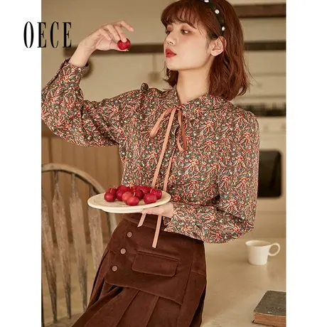 Oece复古碎花衬衫2022年春装新款女装少女系带雪纺衫设计感上衣商品大图