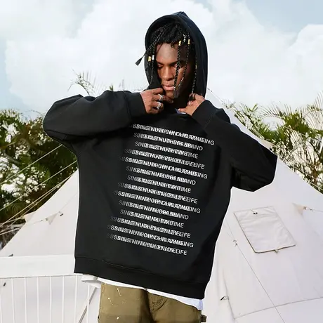 加绒加厚美式重磅420g直喷字母连帽卫衣男潮宽松大码冬季保暖外套商品大图