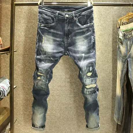 破洞刮烂补丁男士牛仔裤潮牌手工泼墨帅气裤子男秋冬款修身小脚裤商品大图