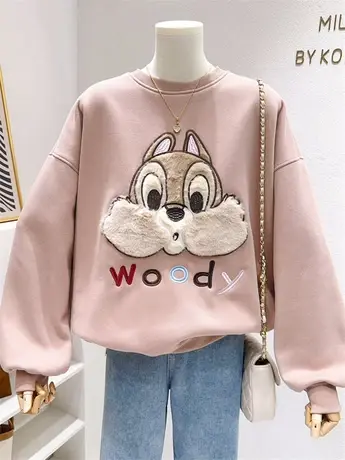 微胖显瘦穿搭~秋冬款ins奶糥毛毛松鼠加绒卫衣宽松休闲摇粒绒上衣商品大图