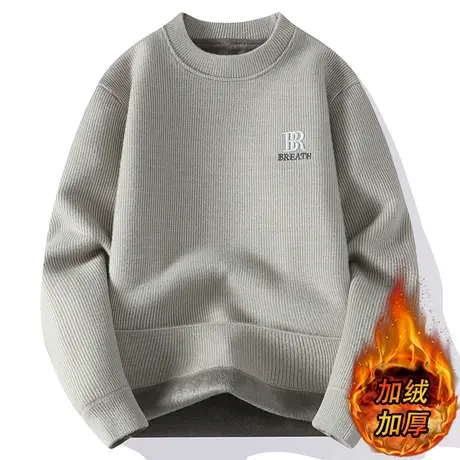 字母刺绣毛衣男秋冬款加绒加厚圆领针织衫内搭打底衫高级感毛线衣商品大图