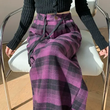 紫色格子裤子女秋冬款毛呢裤加厚休闲裤女裤直筒阔腿裤女宽松长裤商品大图