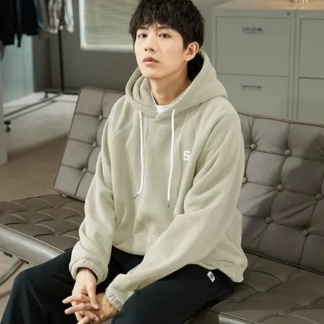 唐狮摇粒绒卫衣秋冬男纯色圆领加绒卫衣宽松连帽潮男百搭外套商品大图