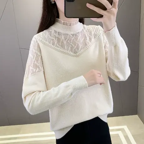 半高领蕾丝镂空毛衣女秋冬2023新款冬季设计感内搭针织打底衫上衣商品大图