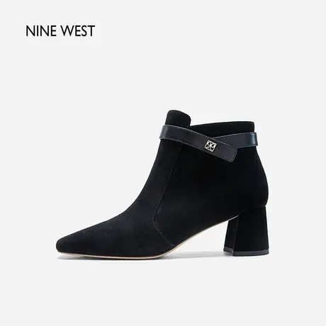 Nine West/玖熙奢贵反绒皮带搭扣短靴2023冬季新款粗跟气质时装靴图片