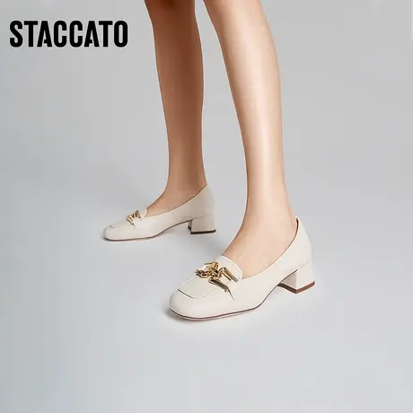 思加图新款奶油鞋法式复古通勤粗跟方头单鞋中跟女鞋EGI02AQ3商品大图