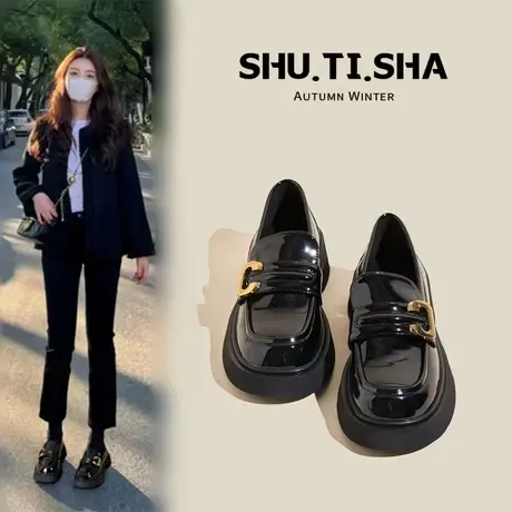 小皮鞋女英伦风单鞋2023年新款秋季百搭爆款厚底乐福鞋黑色女鞋子商品大图