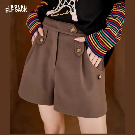 妖精的口袋棕色毛呢裤女2022秋冬季新款高腰短裤外穿宽松休闲裤子商品大图
