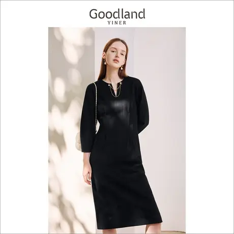 不上-切Goodland美地女装冬季高腰显瘦七分泡泡袖羊毛呢连衣裙图片
